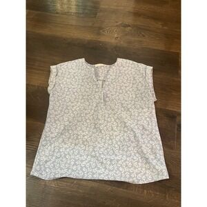 Olivia Grey Womens Blue White Floral Leaf Print V-Neck Cap Sleeve Blouse Large